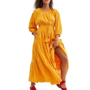 Free People Orange Golden Cotton Ibiza Sun Dress Midi Size M Women